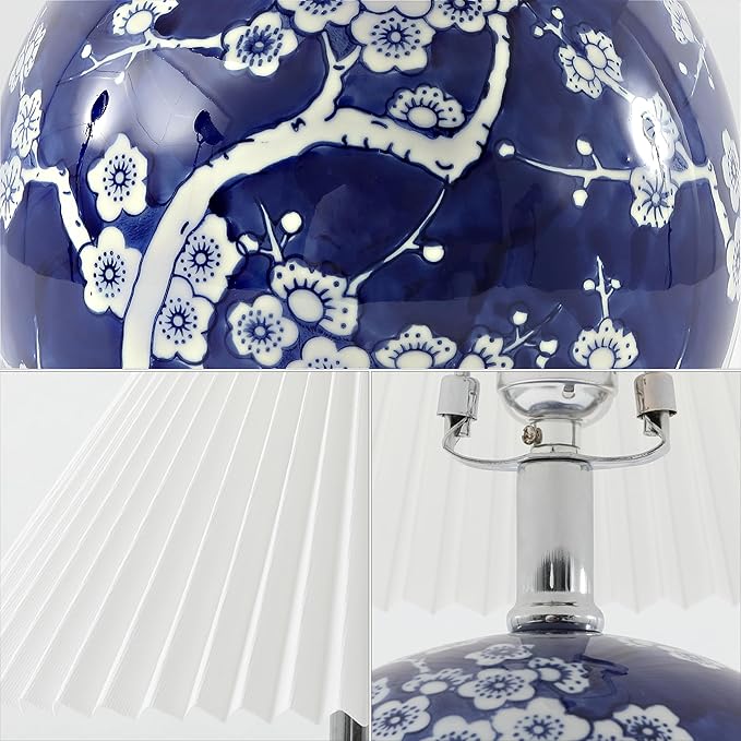 JONATHAN Y JYL5056C Shishen 19.5" Cottage Classic Chinoiserie Ceramic Orb LED Table Lamp with Pleated Shade, Navy/White for Bedroom, Living Room, Kitchen, Home Office, Kids Room - Bloomnest