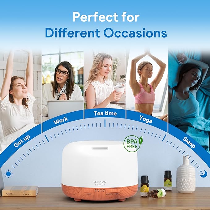 ASAKUKI Essential Oil Diffuser 500ml, Ultrasonic Aromatherapy Humidifier with Remote Control, 7 LED Colors, Timer & Auto-Off, Large Room Diffuser (Yellow) - Bloomnest