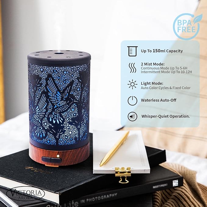 Essential Oil Diffuser - Multifunction Aromatherapy Diffuser 7 LED Color Changing Light 150ML Metal Diffuser Easy to Clean Suitable for Home,Office (Hummingbird) - Bloomnest