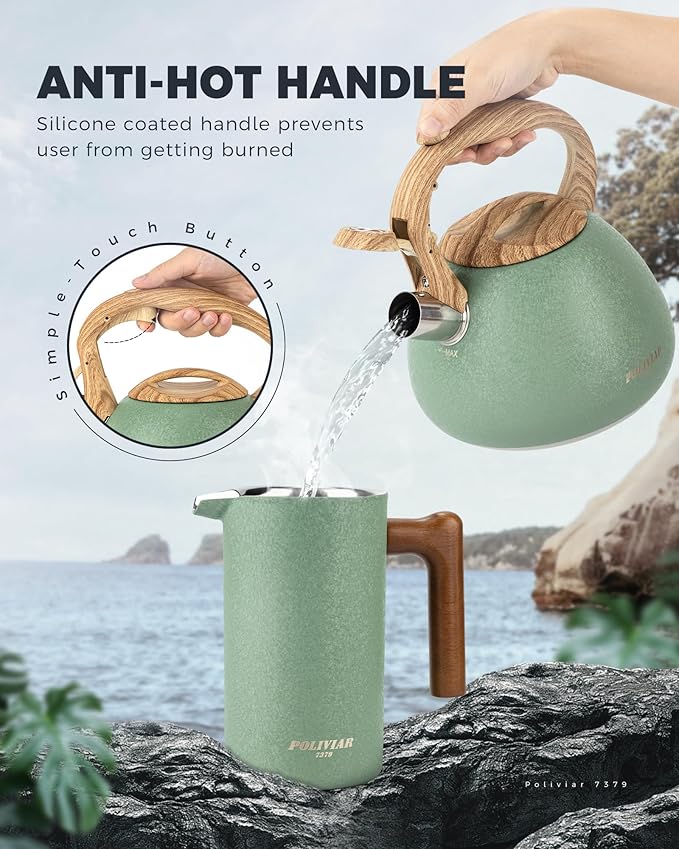POLIVIAR Tea Kettle, 2.7 Quart Stovetop Tea Kettle, Audible Whistling Teapot with Crackle Finish, Food Grade Stainless Steel for Anti-Rust, Anti Hot Handle, Suitable for All Heat Sources (JX2023-LRG) - Bloomnest