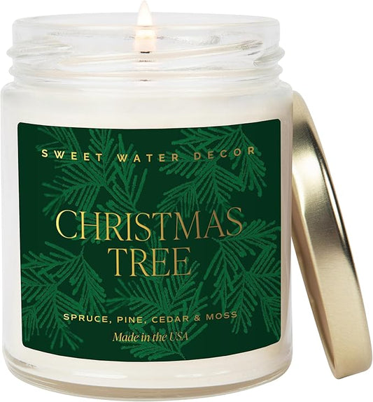 Sweet Water Decor Christmas Tree Candle - Spruce, Pine Needles and Evergreen Candles Scented Soy Candles for Home - Christmas Candle Gold Foil Pattern 9oz Clear Jar, 40 Hour Burn Time, Made in the USA - Bloomnest