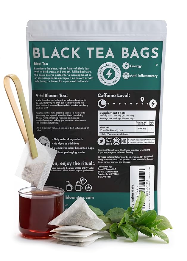 Vital Bloom Black Tea, 120 Count Tea Bags, Smooth, Flavourful, and Robust, Enjoy Hot or Cold Brew, Bleach Free Tea Bags, Non GMO (Free Bamboo Tongs Included) - Bloomnest