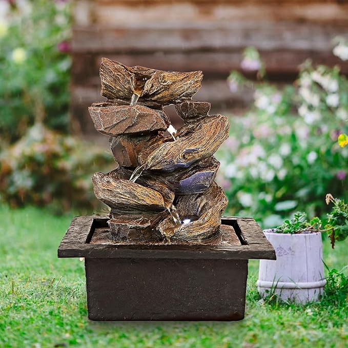 Father'sDen Collection 11-inch Waterfall Fountain Indoor - Tabletop Water Fountain - Indoor Fountains and Waterfalls with Soothing Sounds & In-Pot LED Light Enhancement - Bloomnest