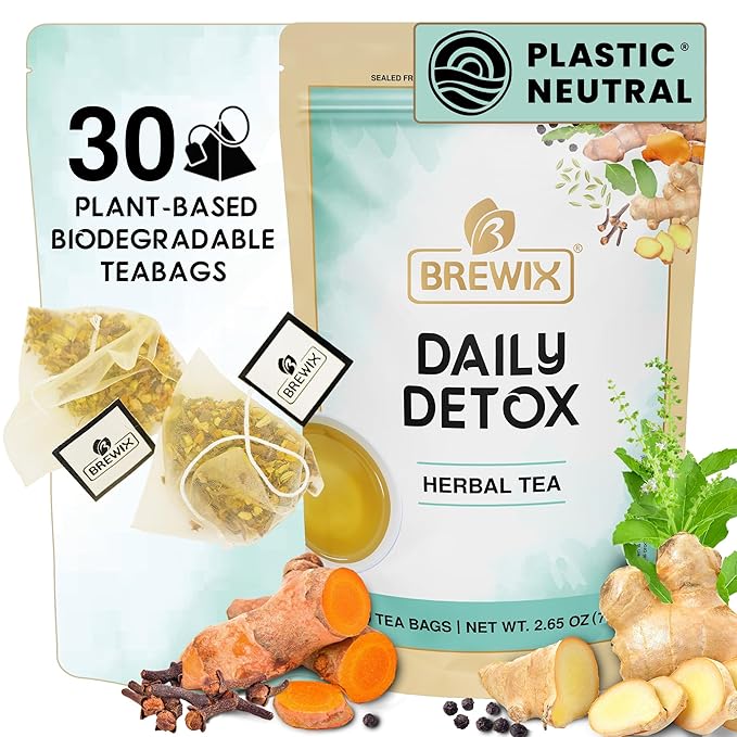 BREWIX, Ayurvedic Detox Herbal Tea Bags (30 Pyramid Tea Bags) Caffeine-Free Herbal Tea | Cleansing Formula with Traditional Ayurvedic Herbs | Supports Digestion, Balance & Daily Vitality - Bloomnest
