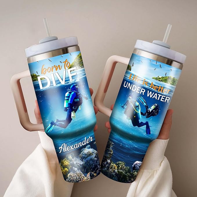 WAZONE Personalized Scuba Diving Coffee Tumbler 40oz with Handle and Straw Customized Name Insulated Travel Cup Tumblers Gifts for Diver Divers Men Women Husband On Birthday Christmas - Bloomnest
