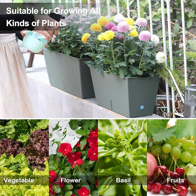 Window Box Planter 6 Pcs, 12.6 Inches Self Watering Rectangle Flower Plant Pots with Drainage Holes & Breathable Trays, Vegetable Planters for Windowsill Patio Garden Balcony Porch Yard (Dark Green) - Bloomnest
