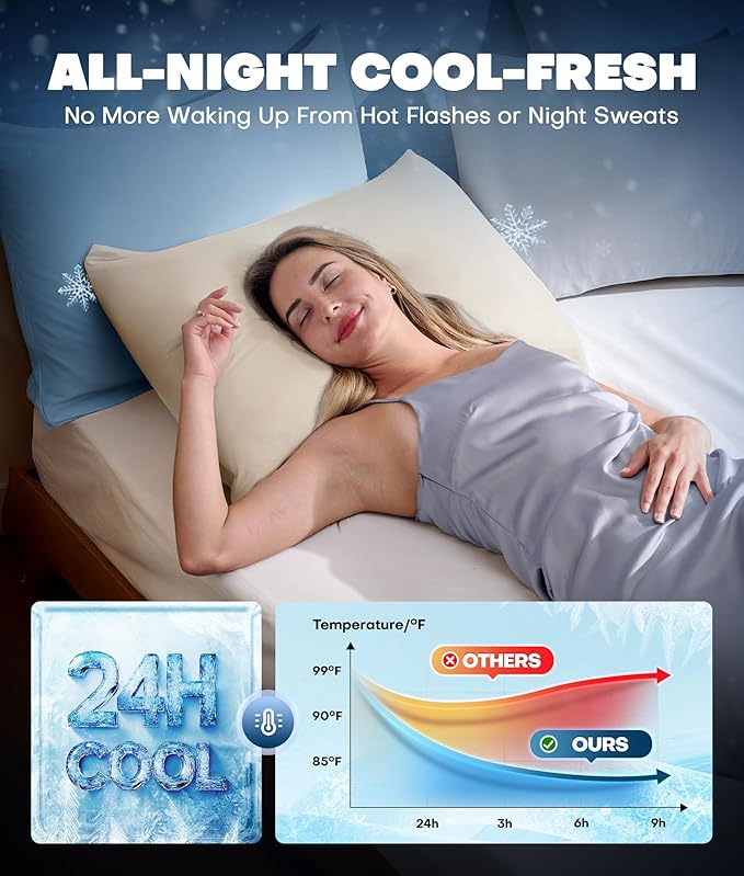 Ultra-Chill Cooling Pillowcase Set of 2 for Hot Sleepers, Softer Than Silk Pillow Cases for Protecting Hair & Skin, Breathable Bed Pillow Covers w/Zipper, Gifts for Women Men(Beige, Queen) - Bloomnest
