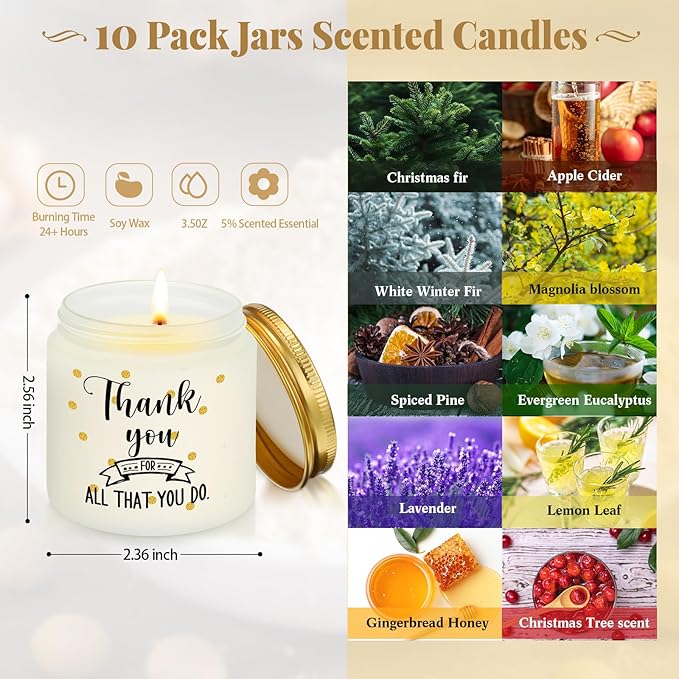 Roowest 10 Jars Thank You Gift Candles 3.5 oz Employee Appreciation Gifts Bulk Soy Wax Jar Inspirational Candle Thank You Gifts for Coworkers Employee Women Secretaries Teacher(Elegant) - Bloomnest