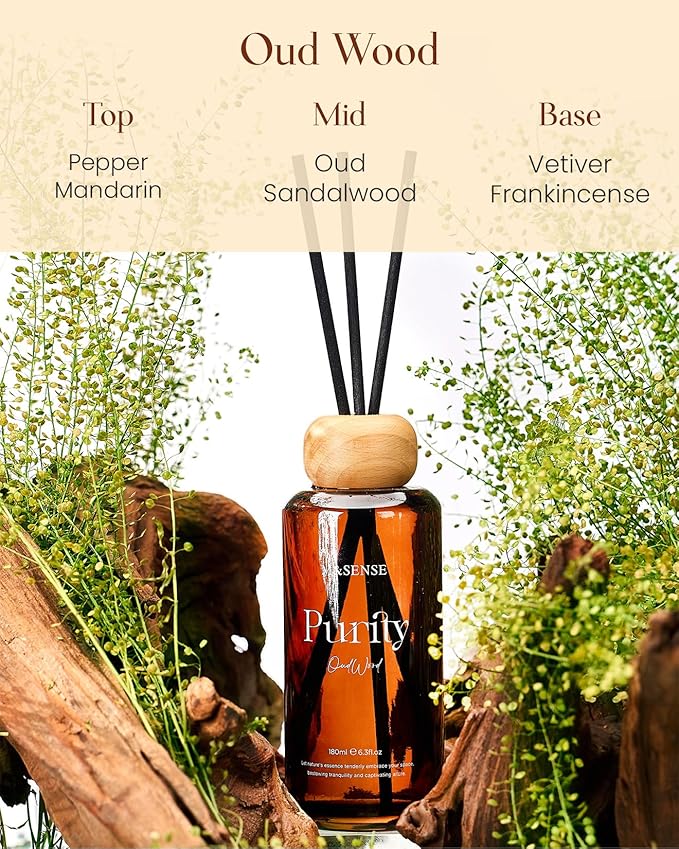 M&SENSE Oud Wood Reed Diffuser: Upgraded Formula 6.3 fl oz Non-Toxic Aroma Set with Sticks, Long-Lasting Natural Essential Oil Gifts for Home, Bedroom