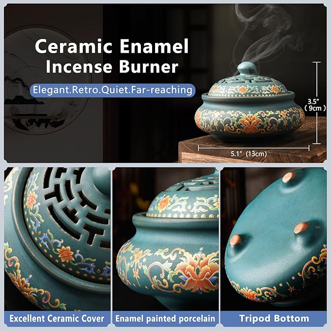 Ceramic Incense Burner with Incense Holder+ Fireproof Cotton,Handmade Smudging Burn Bowl for Stick or Coil Incense,Sage Cones,Frankincense and Mosquito Incense (Enamel) - Bloomnest