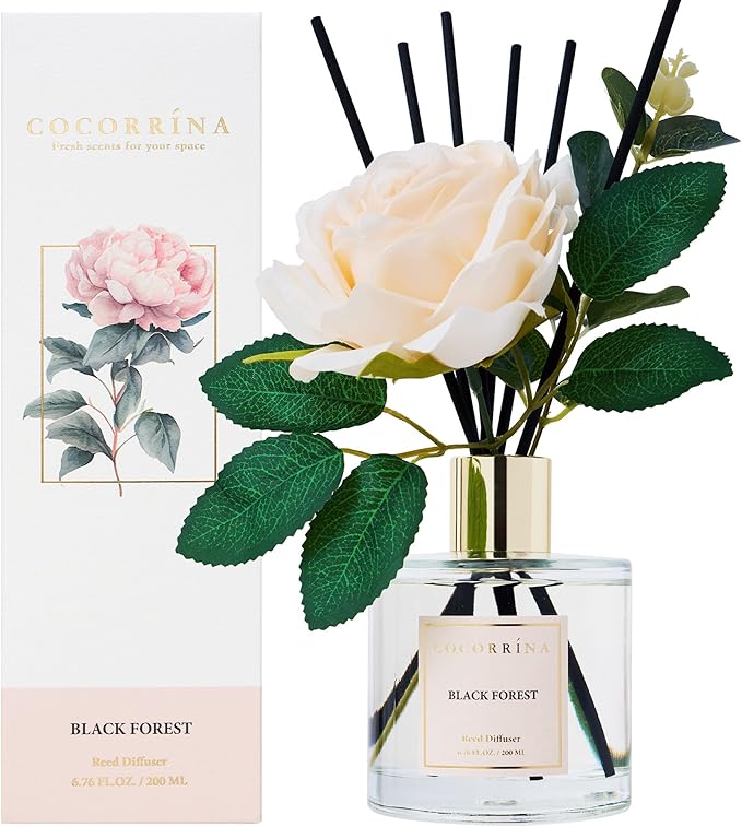 Cocorrina Reed Diffuser Set, Flower Reed Diffuser Black Forest 6.7 oz, Scented Diffuser with Sticks Home Fragrance Essential Oil for Bathroom Shelf Decor, Living Room, Large Room, 1pack - Bloomnest