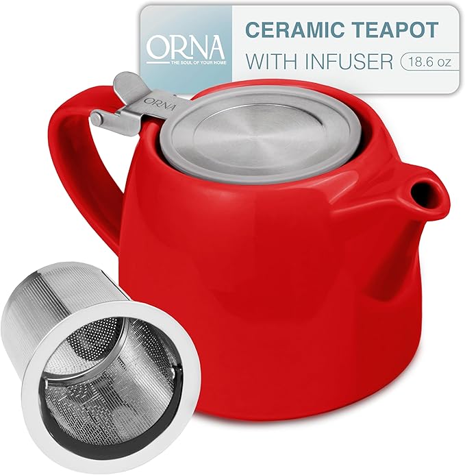 ORNA Ceramic Teapot with Tea Infuser – Small Tea Pot for Loose Leaf Tea – 550ml / 18.6 Oz Non-Stove Porcelain Teapot for 2 Cups with Tea Strainer (Red) - Bloomnest