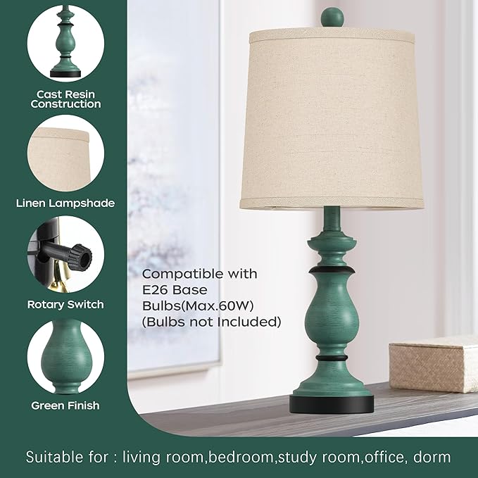 PARTPHONER Traditional Table Lamp Set of 2, Rustic Farmhouse Table Lamps for Living Room Bedroom, 22" Bedside Desk Lamps Vintage Nightstand Lamps with Linen Shades, Green - Bloomnest