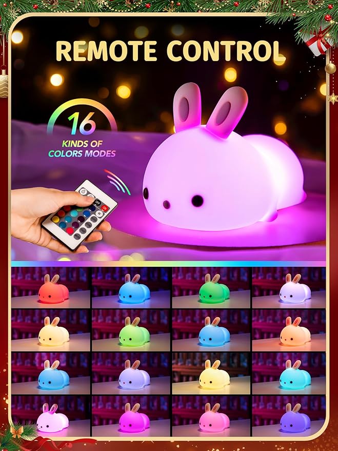 【Gifts Package】 Bunny Night Light for Kids Lamp, 16 Colors & Remote Rechargeable Kids Night Lights for Bedroom, Cute Gifts for Girls Gifts for Women - Bloomnest