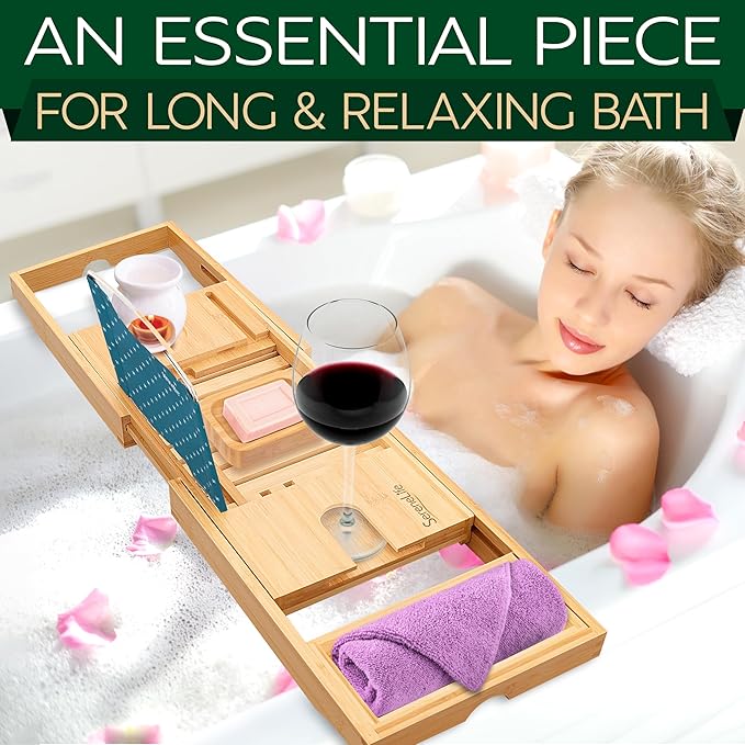 SereneLife Premium Bathtub Tray Caddy with Gift Box and Bow Set, Expandable Bath Tray, Unique House Warming Gifts for Mom, Women, Wedding, Anniversary, Bridal Shower, Fit for All Tub - Classic - Bloomnest