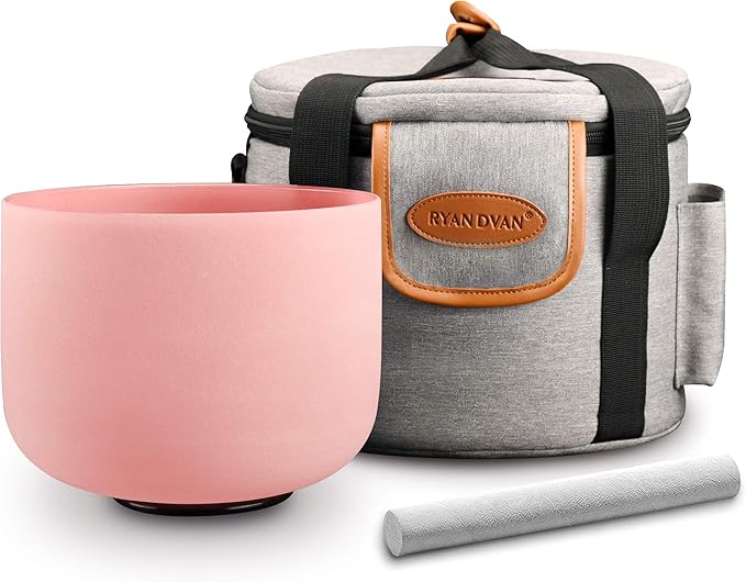 RYAN DVAN 8” F Note Pink Frosted Heart Chakra Crystal Singing Bowl with Free Heavy-Duty Carrying Case and Suede Striker O-Ring - Bloomnest
