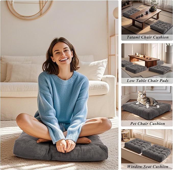 Meditation Floor Pillow 22×22 Inch 1 Pack Large Floor Cushions for Adults Square Tufted Corduroy Floor Pillows for Yoga Living Tatami Room Grey - Bloomnest