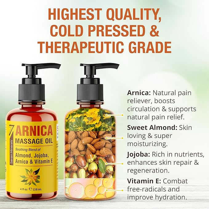 Seven Minerals Arnica Sore Muscle Massage Oil for Massage Therapy - 4 oz - Ideal for Professional or at-Home Body Massage.