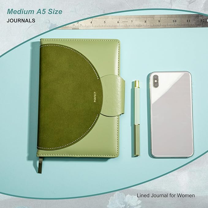 CAGIE Lined Journal for Women, 100GSM Leather Journals for Writing with Buckle Closure,A5 Hardcover Diary Journaling Notebooks for Business Work School Note Taking 5.9" x8.59 (Green) - Bloomnest