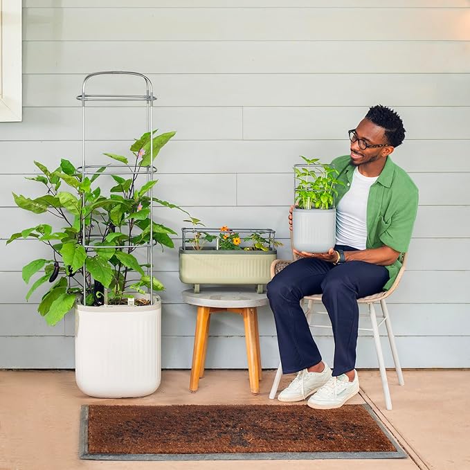 Vego garden Mini Planter Indoor Pots with Trellis Self-Watering Herb Countertop Planter for Climbing Vegetables Flowers Mint Plants Cage- Fog Gray - Bloomnest
