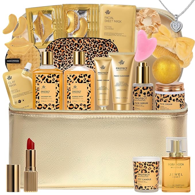 25 Pcs Valentines Day Gifts for Women, Honey & Almond Bath & Body Gift Set, Hydrating Skin Care Kit, Spa Gift, Cosmetic Bag, Necklace, Anniversary, Christmas, Birthday, Mothers Day - Bloomnest