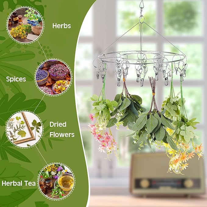Bokon 4 Pcs Hanging Drying Rack for Herb Macrame Flower with Stainless Clip Dryer Hook for Drying Herb Air Plants Spices Flower Hydroponic Plant Ready to Use with Ceiling Hook(Round) - Bloomnest
