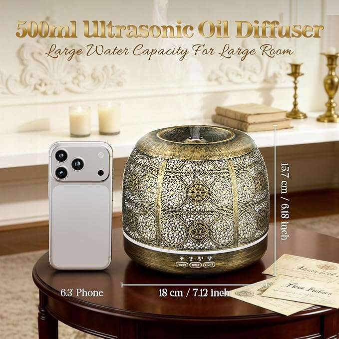 ARVIDSSON Essential Oil Diffuser, 500ml Aromatherapy Diffuser for Home, Ultrasonic Diffusers for Essential Oils, Metal Oil Diffuser with Mist Timer and Color Mood Light, Gift for Women and Men - Bloomnest