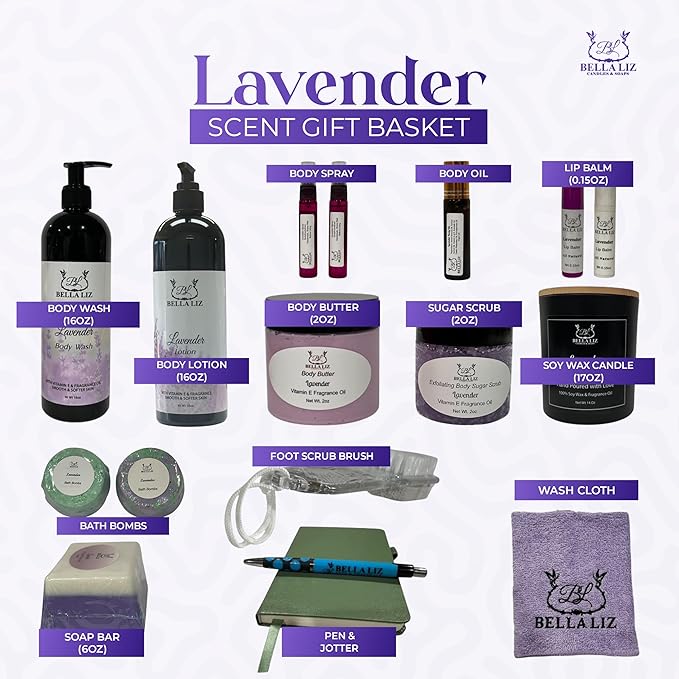 Bella Liz Lavender Gift Set – 14 piece Spa Set with Soy Candle, Handmade Soaps, Body Wash & Lotion, Bath Bombs, Lip Balms, Sugar Scrub, Body Butter & More – Self-Care Gift - Bloomnest