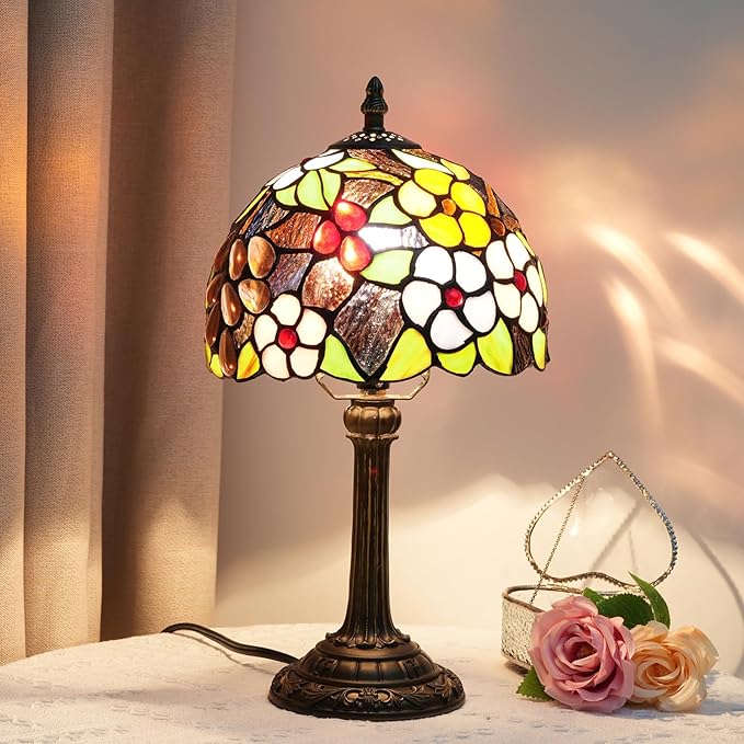 Tiffany Lamp Bedside Table Lamp-Nightstand,Stained Glass Lamp for Bedroom Dorm Living Kitchen, Aesthetic Cute Home Decor Gift (8-inch Grape Flower) - Bloomnest