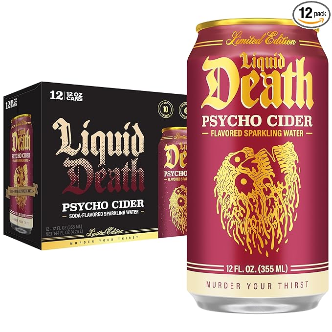 Liquid Death Soda-Flavored Sparkling Water - Psycho Cider (Apple Cinnamon), Less Sugar*, Huge Flavor, No Caffeine, No Artificial Sweeteners, 12 Fl Oz (Pack of 12) - Bloomnest