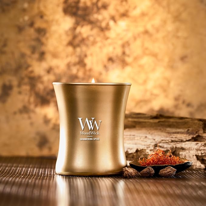 WoodWick Shimmering Spice Scented Candle, Crackles as it Burns, Precious Metals Collection, Home Décor, Gifting, 9.7oz - Bloomnest