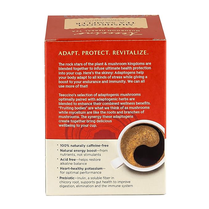 Teeccino Mushroom Herbal Tea - Mushroom Adaptogen Tea Sampler - 12 Tea Bags - Support Your Health With Mushrooms and Adaptogenic Herbs, Prebiotic, Caffeine Free, Acid Free - Bloomnest