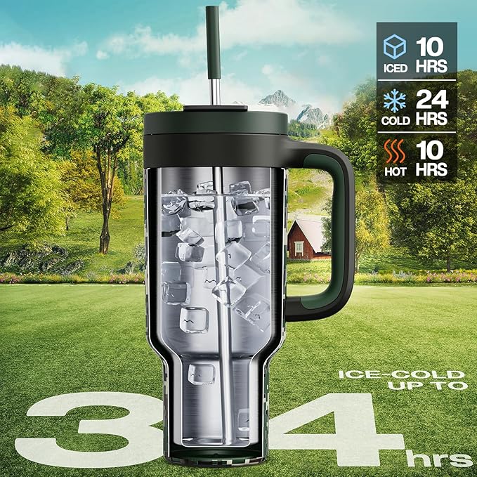 40 oz Camo Tumbler with Handle, 2-in-1 Straw and Sip Lid, Leakproof, Dishwasher Safe, Insulated Stainless Steel Travel Coffee Mug, Keeps Cold for 34 Hours, Fits in Car Cupholder (Woodland Flag) - Bloomnest