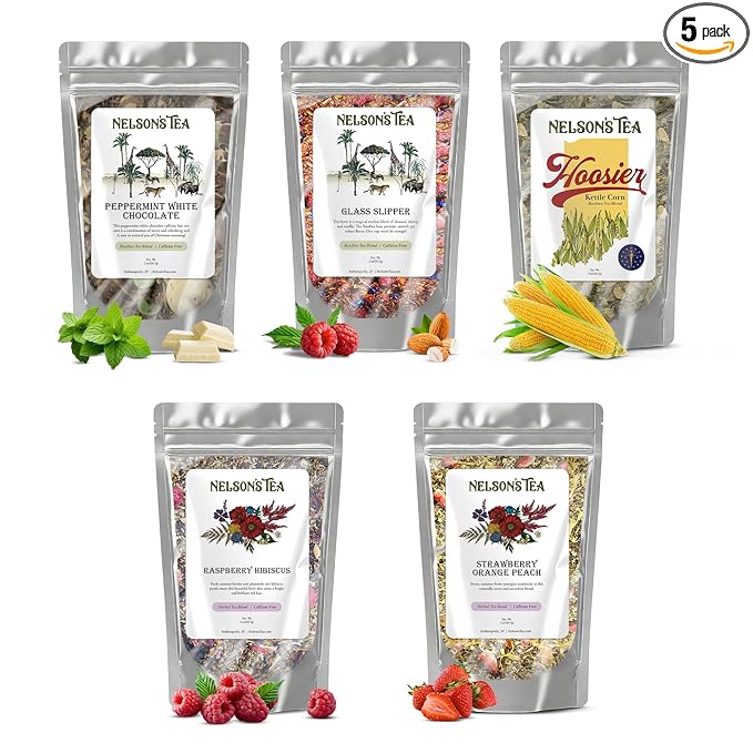 Nelson's Tea Caffeine Free Sampler Pack - Loose Leaf Tea Sampler - Peppermint White Chocolate, Glass Slipper, Hoosier Kettle Corn, Raspberry Hibiscus, Strawberry Orange Peach - 2 Oz Sizes - Bloomnest