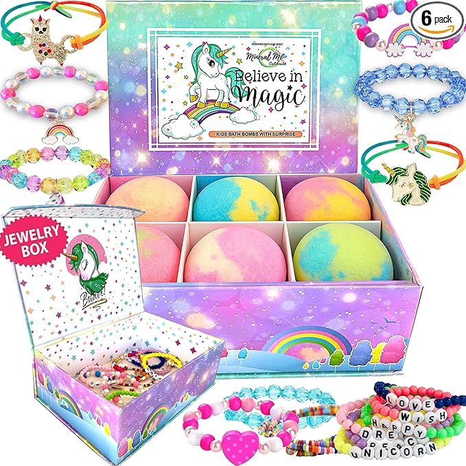 Bath Bombs for Kids with Surprise Inside, Unicorn Bath Bombs for Girls with Jewelry & Jewelry Box for Kid - Organic, Skin Moisturizing, Natural Bubble Bath, Stocking Stuffers Christmas Gift for Girls - Bloomnest