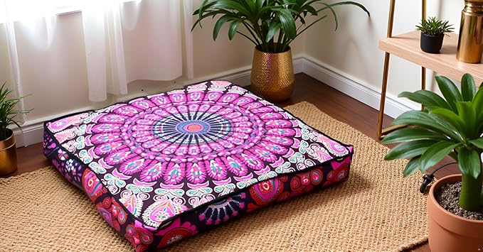 INDIAN CRAFT CASTLE 24" Pink Peacock Mandala Barmeri Large Floor Pillow Cover Cushion Meditation Seating Ottoman Throw Cover Hippie Decorative Zipped Bohemian Pouf Ottoman Pom Pom Cases 24" Square - Bloomnest