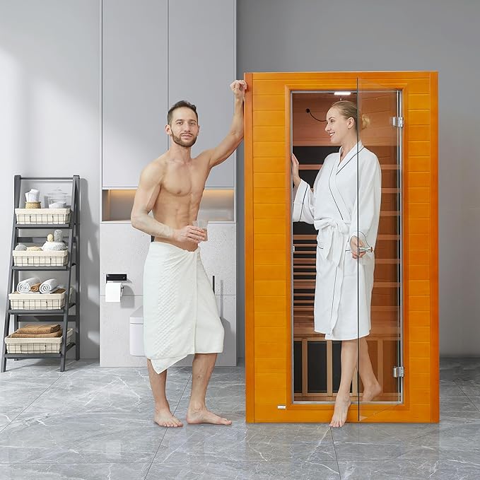 Real Relax Infrared Sauna for Home, Home Infrared Saunas up to 1-2 Persons, Canadian Hemlock Wooden Indoor Dry Sauna Room with Low Emf Red Light Therapy, 9-Color Chromotherapy Lights RealRelax