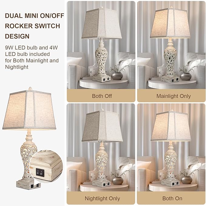 28.5" Table Lamps Set of 2 - Bedside Lamp with Fabric Shades - for Bedroom and Living Room with USB and Nightlight - Perfect for Nightstands and Bedrooms - Bloomnest