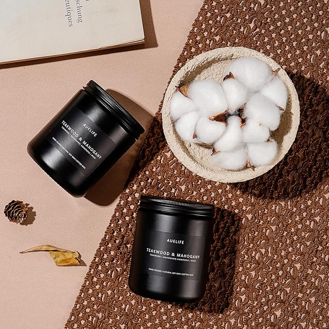2 Pack Teakwood & Mahogany Candle | Scented Candles for Men, Man Gifts for Men - Masculine Candles - Soy Candle for Home Scented - 7oz Black Jar, Long Lasting - Bloomnest