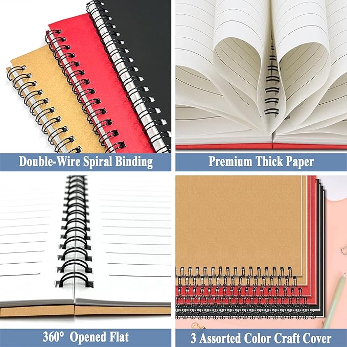 GINMLYDA Small Spiral Notebook A5, 6Pack 120 Lined Pages 8.25x5.5 Inches Spiral Journal Kraft Cover Notebooks & Writing Pads for School Home Office Aesthetic Sketch Drawing Note - Bloomnest