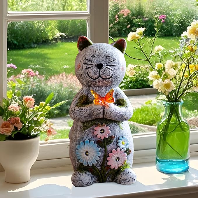 Solar Garden Statue Cat Figurine – Outdoor Decoration with Butterfly for Garden Yard Lawn Home Decor Outside : Unique Gifts for Mom Grandma - Bloomnest