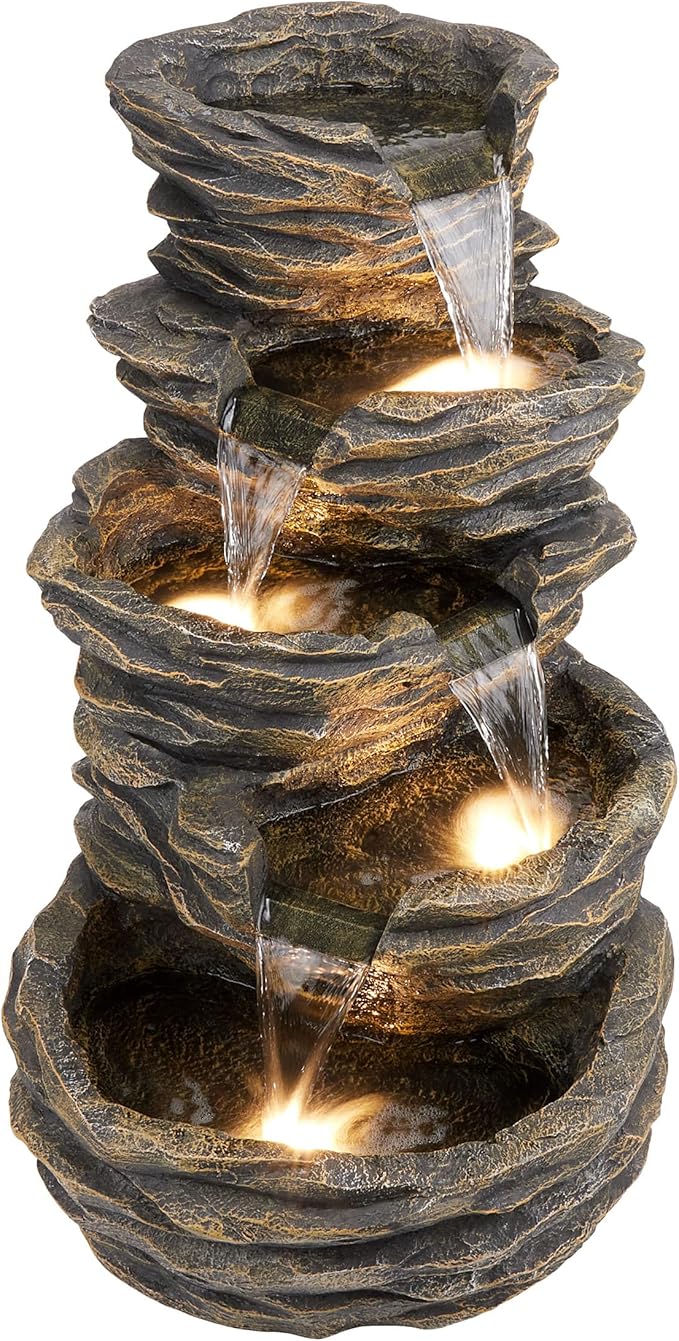 Alpine Corporation GIL110 Outdoor 5 Tiered Natural Look Rock Water Floor Fountain with Replaceable Lights,39" H, Brown - Bloomnest