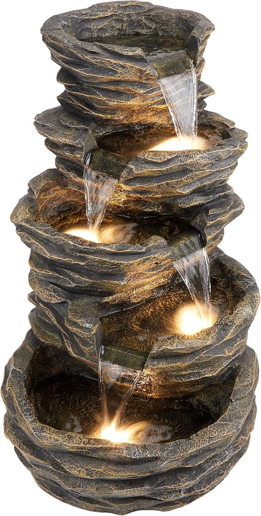 Alpine Corporation GIL110 Outdoor 5 Tiered Natural Look Rock Water Floor Fountain with Replaceable Lights,39" H, Brown - Bloomnest