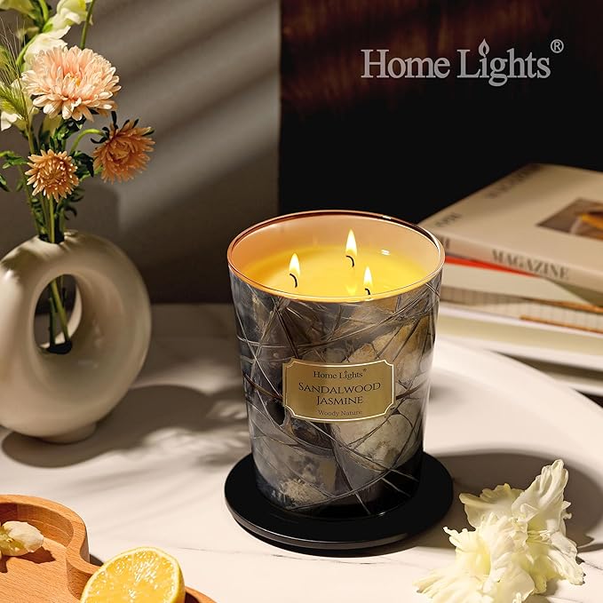 HomeLights Soy Wax Candles for Home Scented, 3-Wick Candles in Sandalwood Jasmine Scented, Industrial Chic Aromatherapy Candles Gift for Parties, Relaxing, 34oz - Bloomnest