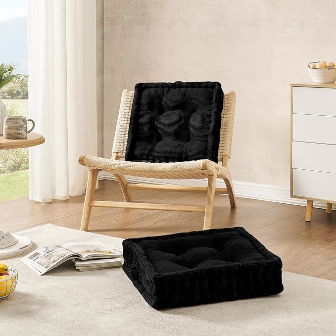 Wellsin Square Floor Pillows for Adults Kids - Meditation Floor Pillow Seating Cushion - Tufted Floor Cushion with Shredded Foam & Velvet Cover, 2 Pack, 20x20 Inch, Black - Bloomnest