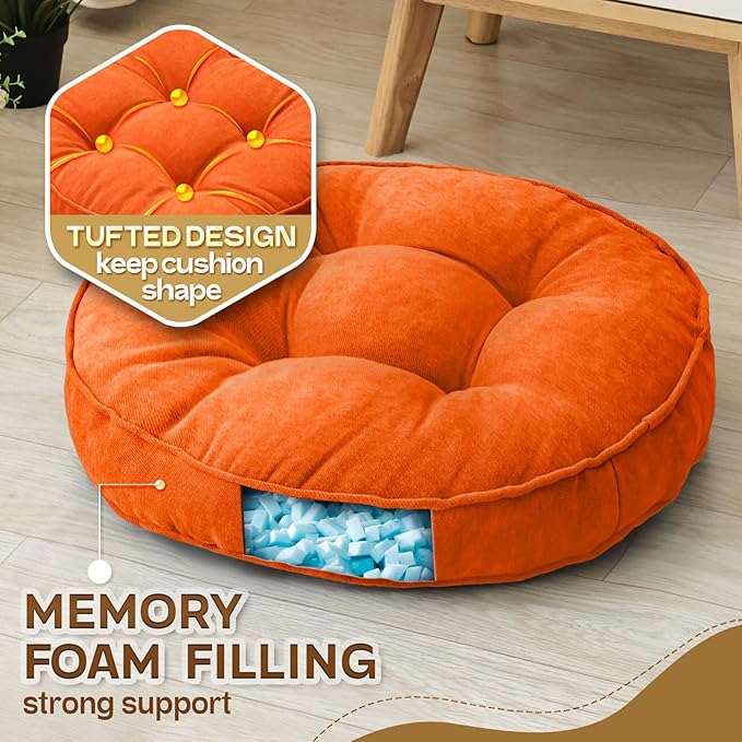 Floor Pillow Set of 2, Memory Foam Floor Cushions for Adults, Large Round Meditation Pillow for Sitting, 22 x 22 Inches (Round | Orange)