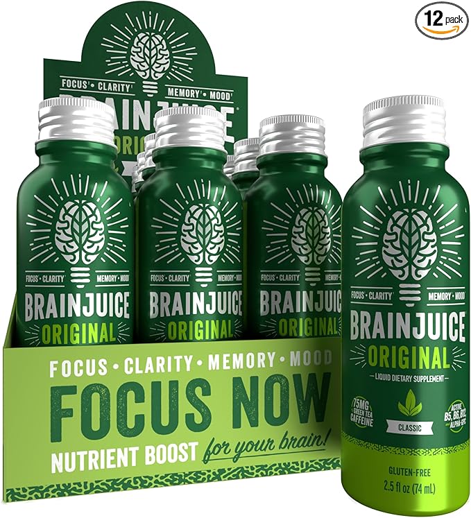 BrainJuice Focus & Energy Drink Shots, Nootropics with Alpha GPC, B Vitamins & Organic Green Tea Caffeine, Supports Focus, Memory & Clarity, Non-GMO, Gluten Free, Classic, 2.5 fl oz, 12 Pack - Bloomnest