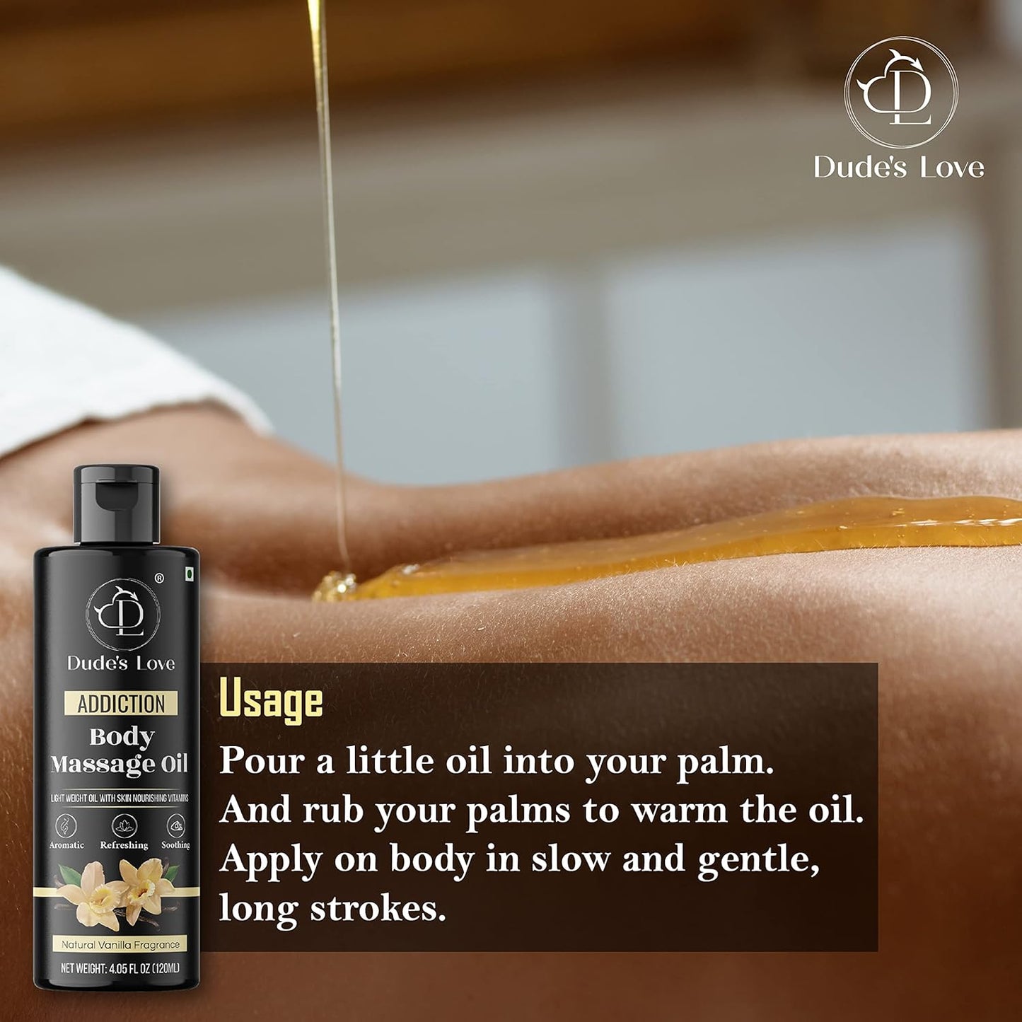 Organic - Vanilla Full Body Massage Oil - No Stain & Non-Sticky | with Fractionated Coconut Oil, Vanilla & Jasmin Oil | for Massage Therapy - 4.05 Fl Oz