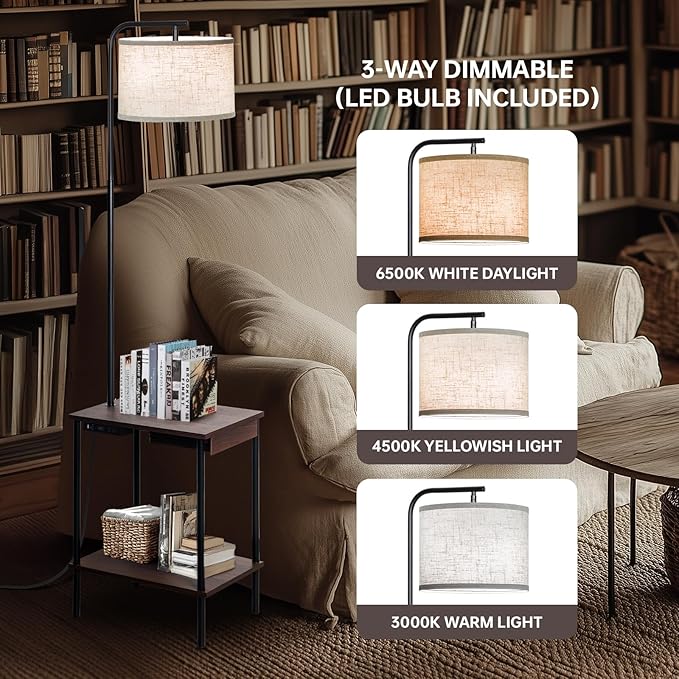 Floor Lamp with Table & Drawers, End Table Lamp with USB Charging Portt Power Outlet and Shelves, Side Table Reading Light with 3 Color Temperature Led Bulb Included for Living Room, Walnut - Bloomnest