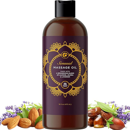 Aromatherapy Sensual Massage Oil for Couples - Relaxing Lavender Massaging Oil for Massage Therapy with Vitamin E Jojoba & Sweet Almond - Naturally Scented Vegan Non GMO & Gluten Free (16 Fl Oz)